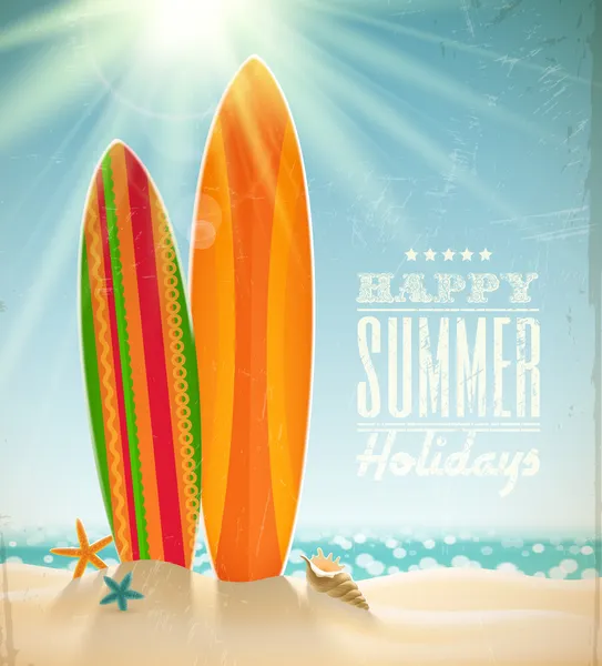 Vector vacaciones diseño vintage tablas de surf en una playa contra un paisaje marino soleado — Archivo Imágenes Vectoriales