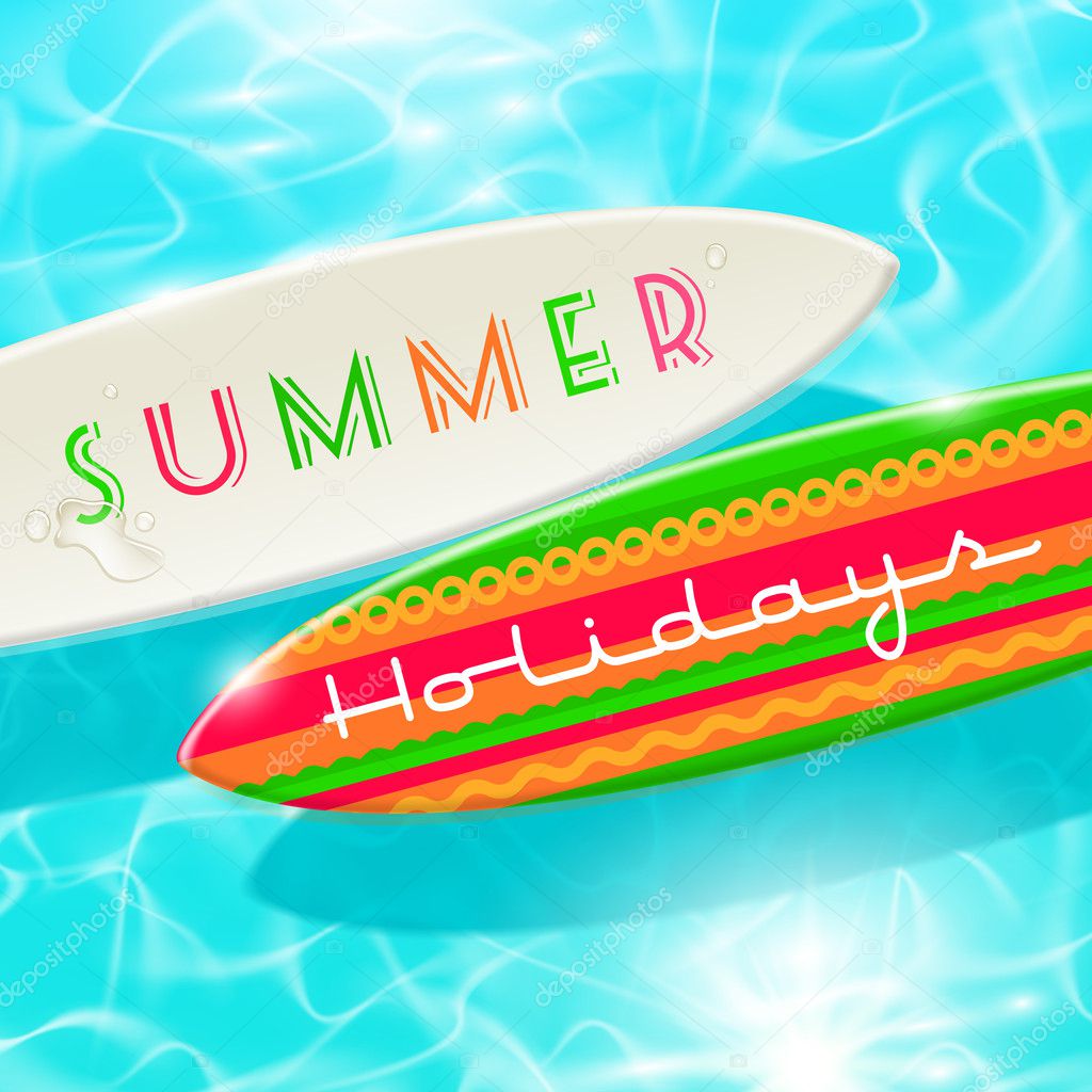 Summer holidays vector design - surfboard on a blue shining tropical water