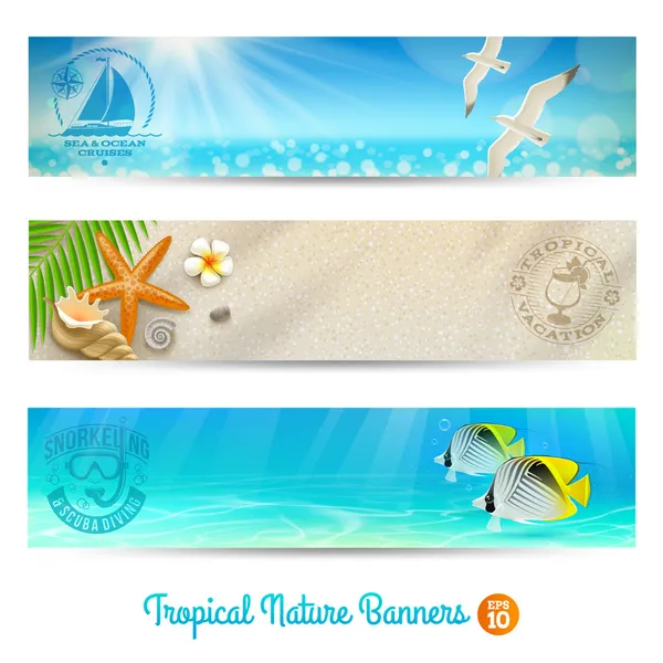 Banderas vectoriales de viajes y vacaciones con naturalezas tropicales — Vector de stock