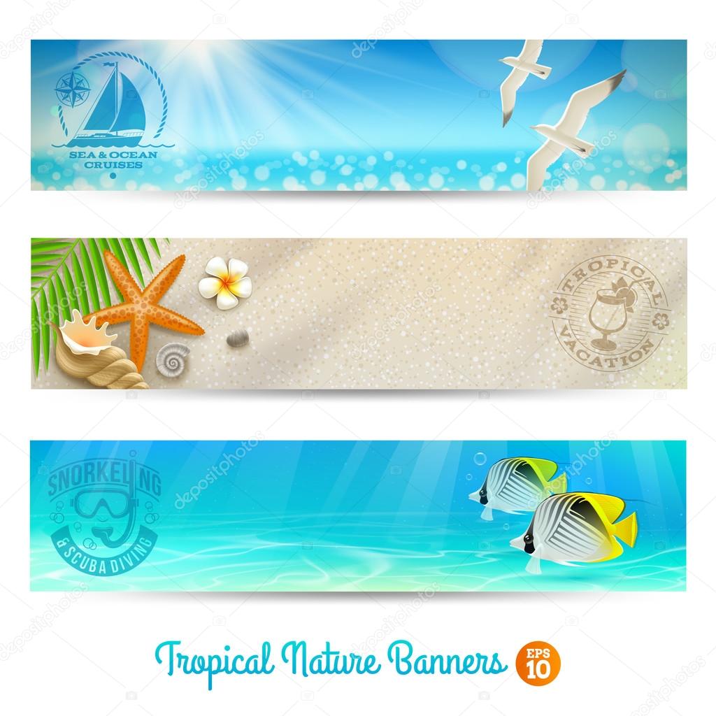Travel and vacation vector banners with tropical natures