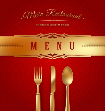 Menu cover with golden cutlery and decorative elments - vector illustration
