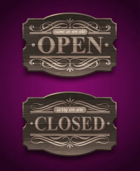 Open en gesloten houten sierlijke vintage signs - vector illustratie — Stockvector