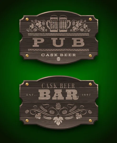 Carteles de madera vintage para Pub y Bar - ilustración vectorial — Vector de stock