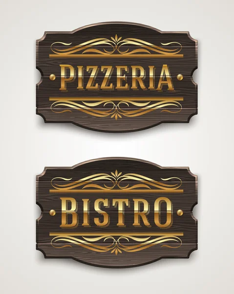 Carteles de madera vintage para pizzería y bistró con letras doradas y elementos decorativos - ilustración vectorial — Archivo Imágenes Vectoriales