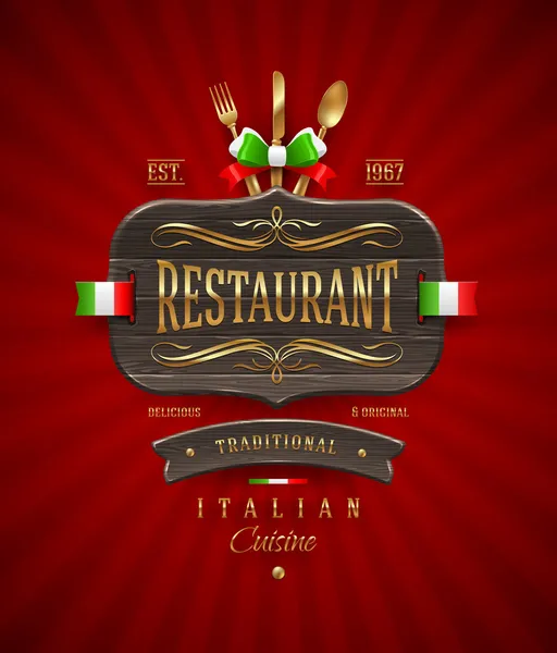 Signo de madera vintage decorativo del restaurante italiano con decoración dorada y letras - ilustración vectorial — Archivo Imágenes Vectoriales