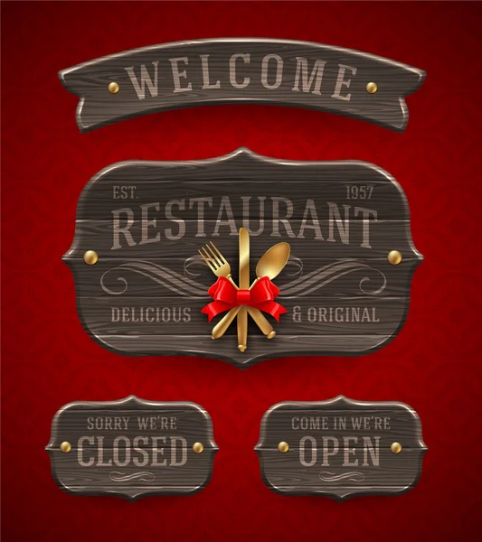 Vintage houten restaurant borden met decor en gouden bestek - vectorillustratie set — Stockvector