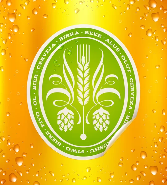 Etiqueta de cerveza sobre fondo de cerveza con gotas - ilustración vectorial — Vector de stock