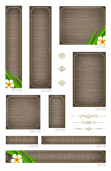 Arrière-plans en bois avec des fleurs tropicales et des éléments décoratifs - ensemble de bannières web vectorielles standart — Image vectorielle