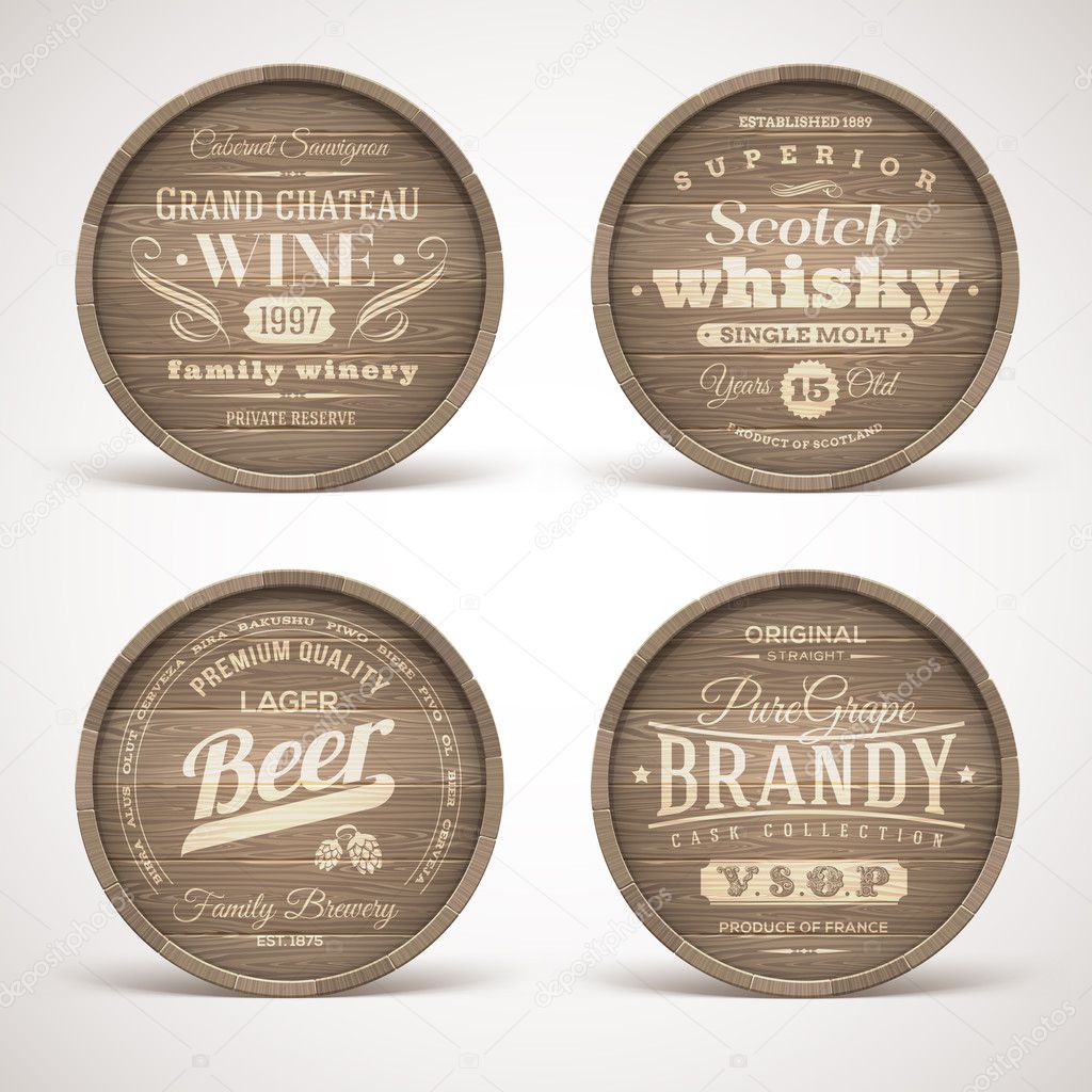 Set of wooden casks with alcohol drinks emblems - vector illustration