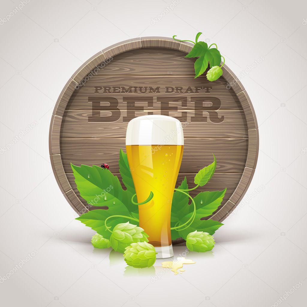 Still life with wooden cask, beer glass and ripe hops and leaves - vector illustration