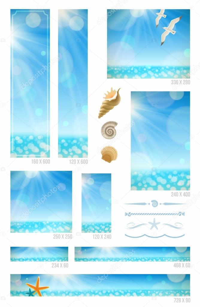 Sunny seascape backgrounds, sea animals and decorative dividers - set of standart vector web banners