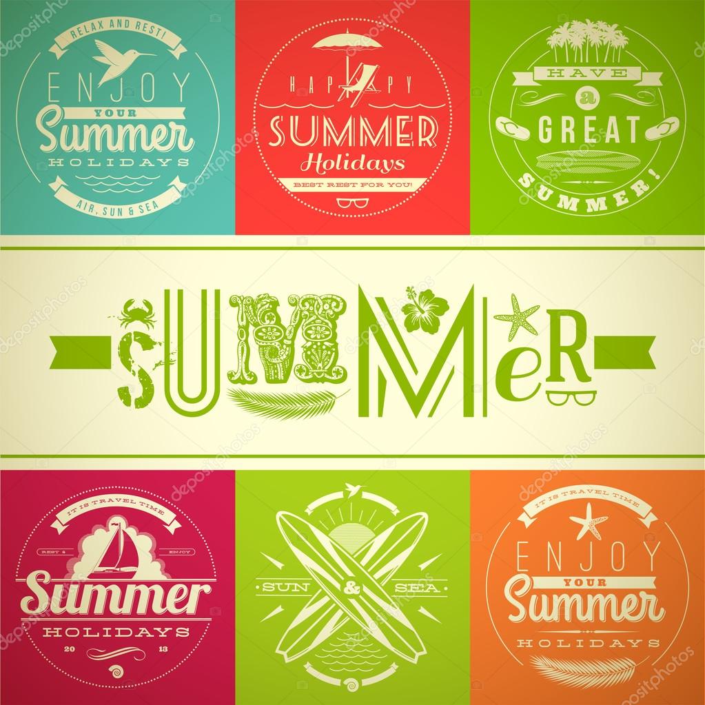 Set of summer vacation and holidays emblems with lettering and travel symbols - vector illustration