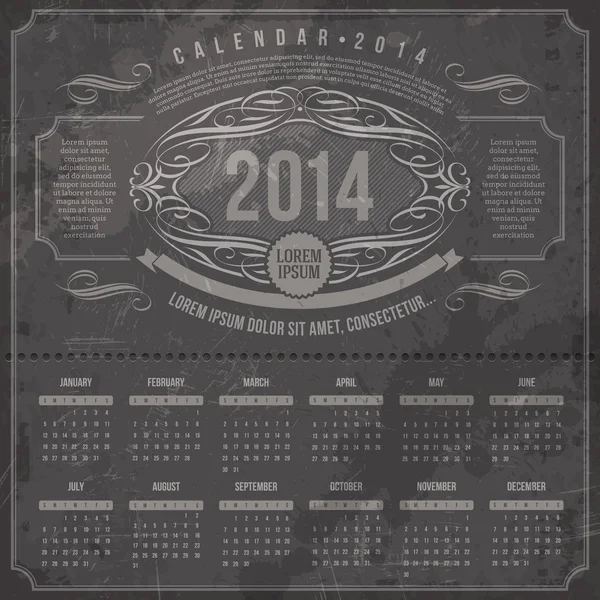 Diseño de plantilla vectorial - Calendario vintage adornado de 2014 sobre un fondo negro grunge — Vector de stock