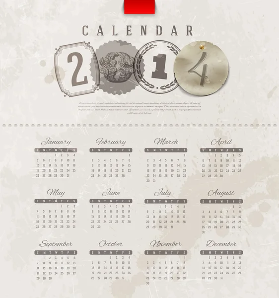 Diseño de plantilla vectorial - Calendario Grunge vintage de 2014 con elementos decorativos de letras — Archivo Imágenes Vectoriales