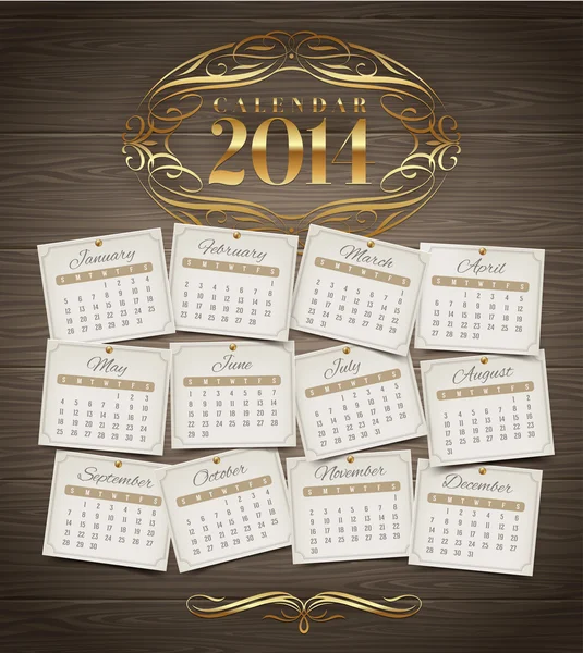 Modelo de design vetorial - Calendário de 2014 com elementos ornamentados dourados em um fundo de madeira — Vetor de Stock