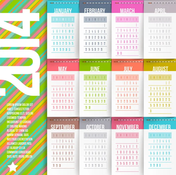 Modelo de design vetorial - Calendário de 2014 com etiquetas costuradas-meses — Vetor de Stock