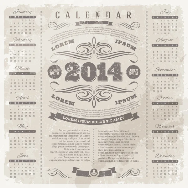 Diseño de plantilla de letras vectoriales: calendario vintage adornado de 2014 sobre un fondo grunge — Vector de stock