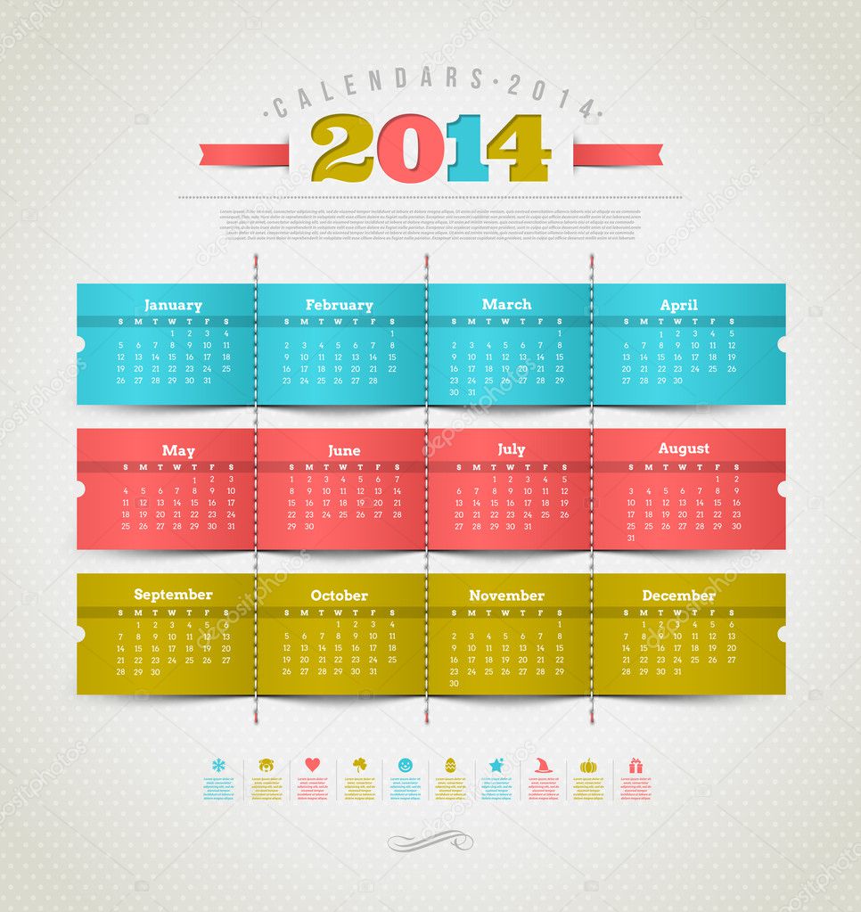 Vector template design - calendar of 2014 with holidays icons