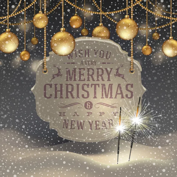 Illustration vectorielle - étincelles, décoration de Noël dorée et bannière avec salutation des fêtes — Image vectorielle