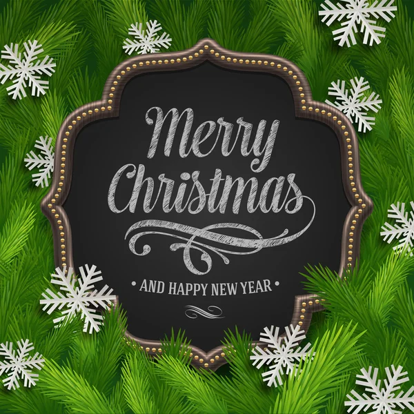 Lavagna con saluto di Natale e fiocchi di neve di carta in rami di abete - illustrazione vettoriale — Vettoriale Stock