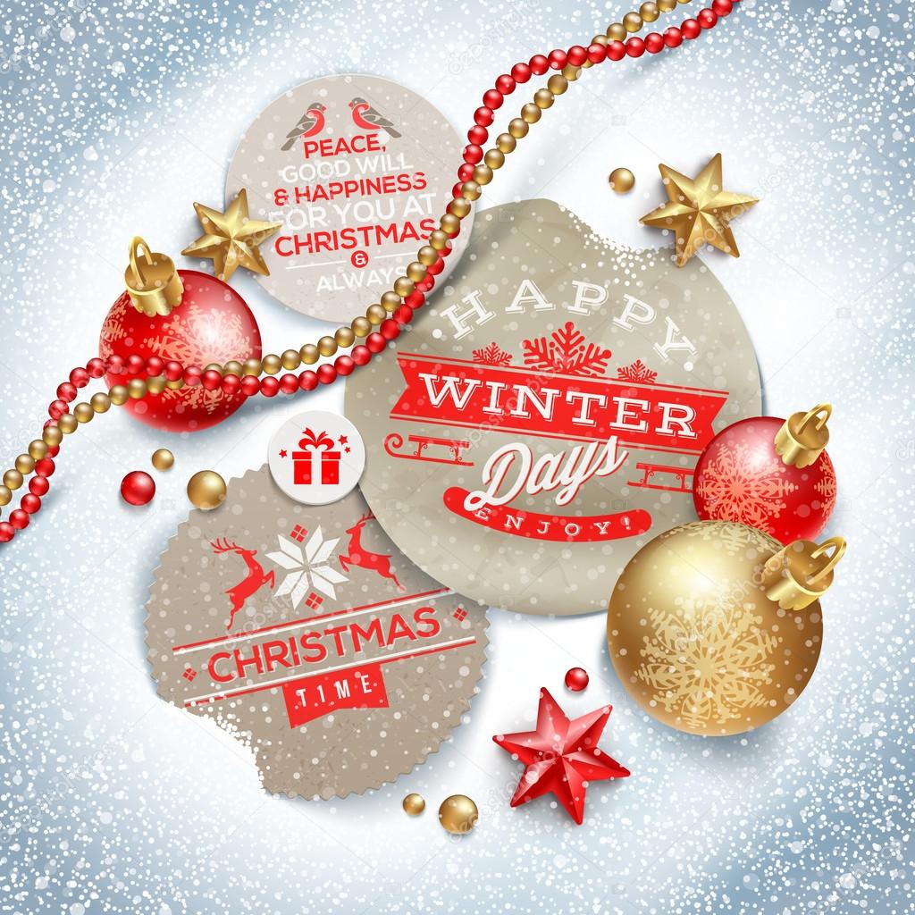 Cardboard labels with Christmas greeting and holiday decor on a snow - vector illustration