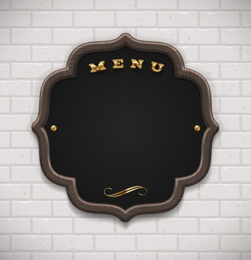 menu schoolbord in houten frame op witte bakstenen muur - vectorillustratie