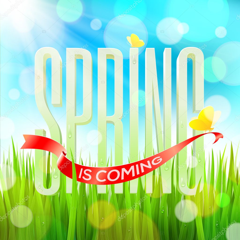 Spring greeting - letters on a sunny landscape with butterflies and grass - vector illustration