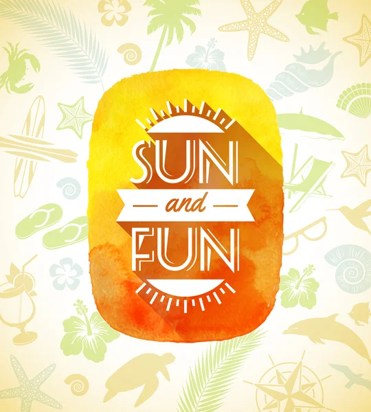 Akvarell banner med sommar hälsning på en bakgrund bestående av sommar saker - vektor illustration — Stock vektor