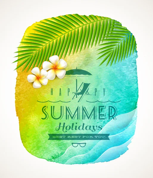 Sommerurlaubsgruß - Aquarell-Hintergrundbanner mit Meereswellen, Palmenzweigen und Frangipani-Blumen am Ufer - Vektorillustration — Stockvektor