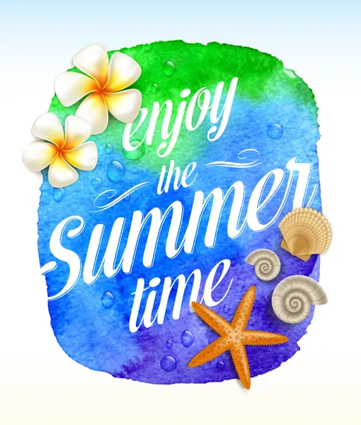 Sommerlicher Gruß mit tropischen Blumen und Meerestieren vor aquarellfarbenem Hintergrund - Vektorillustration — Stockvektor