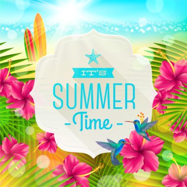 Banner with summer greeting, hummingbirds and hibiscus flowers against a  tropical  shore seascape with surfboards  - vector illustration clipart
