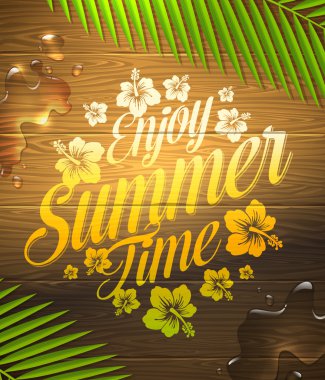yaz tatillerini boyalı ahşap yüzey ve palmiye ağaç dalları üzerinde - vektör çizim tasarım yazın