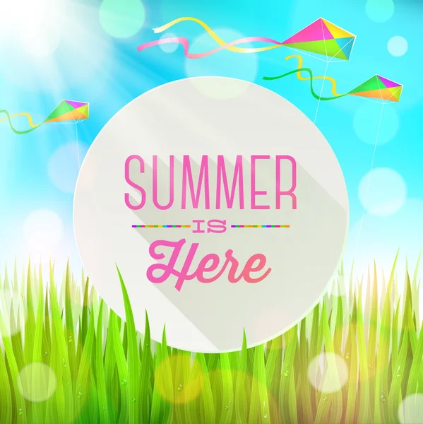 Banner redondo de saludo de verano contra un paisaje con hierba fresca y cometas de colores - ilustración vectorial — Vector de stock