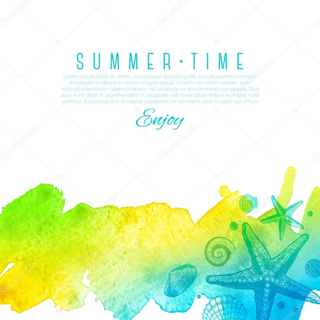 Summer vector design - hand drawn sea creatures on a watercolor background