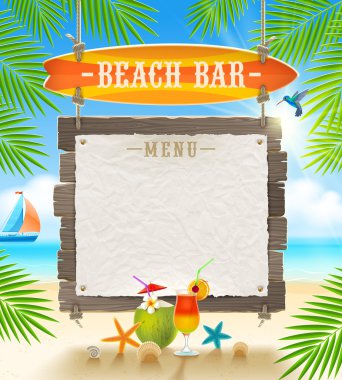 tropik sahil bar - tabela sörf tahtası ve kağıt afiş için menü - yaz tatillerini tasarım vektör.