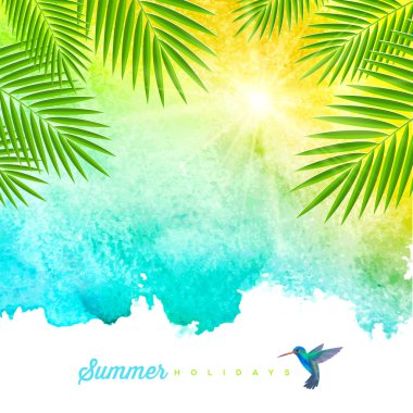 Tropical summer watercolor background with palm trees branches and hummingbird - vector illustration