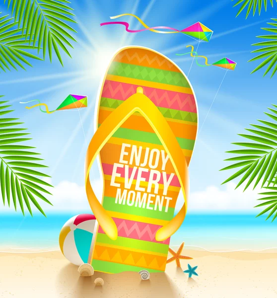 Multicolored huge flip-flop with summer greeting on the tropical beach - vector illustration — Stock Vector