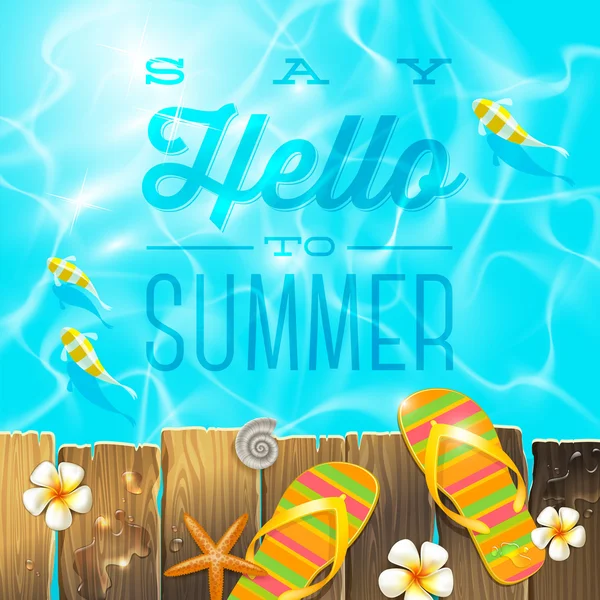 Chancla en una antigua plataforma de madera sobre agua azul con peces tropicales - ilustración vectorial con saludo de vacaciones de verano — Vector de stock