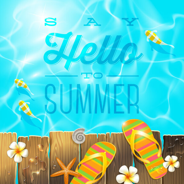 Flip-flop on old wooden plank platform over azure water with tropical fishes - vector illustration with summer holidays greeting