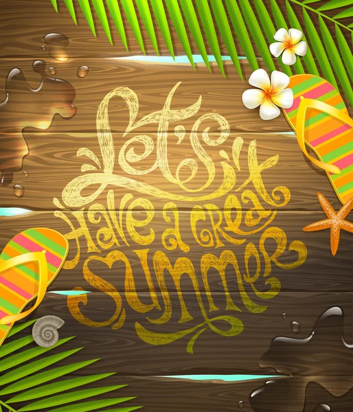 Summer holidays vector illustration - hand drawn lettering design painted on wooden surface — Stock Vector