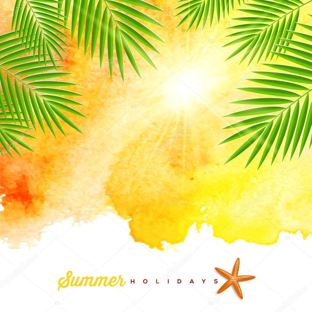 Tropical summer watercolor background with palm trees branches and starfish - vector illustration