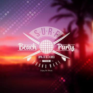 Surf beach party type sign against a tropical sundown defocused background