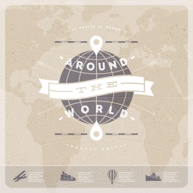 Dünya çapında - Dünya Haritası ve eski vintage tipi tasarım seyahat