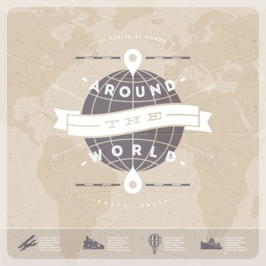 Around the world - travel  vintage type design with world map and  old  transport clipart