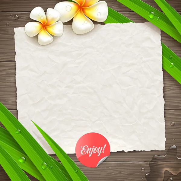 Papel vintage en blanco, flores tropicales y hojas sobre un fondo de madera - ilustración vectorial vacaciones de verano — Archivo Imágenes Vectoriales