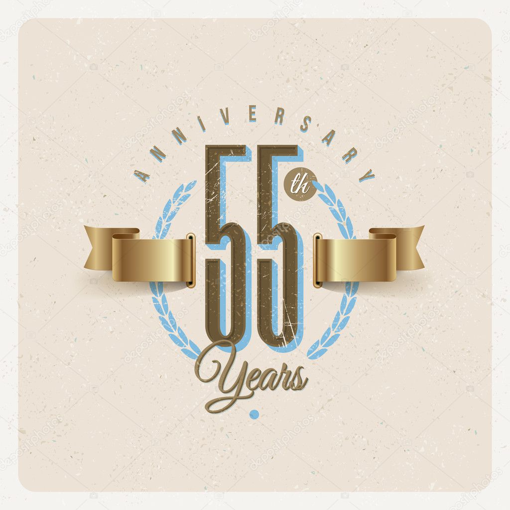 Vintage Anniversary type emblem with golden ribbon and decorative elements - vector illustration
