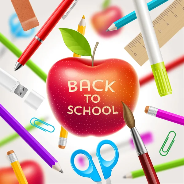 Back to school vector illustration - red apple with greeting and stationery items — Stock Vector