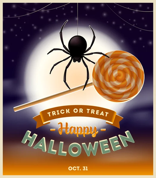 Halloween vectorillustratie - spin met lolly snoep en type ontwerp tegen een volle maan nacht achtergrond — Stockvector