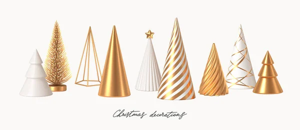 Set Different Style Christmas Tree Cone White Golden Render Realistic — Stock Vector