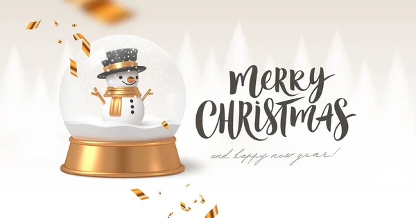 Christmas Greeting Card Snowglobe Realistic Render Snow Globe Snowman Vector — Stock Vector